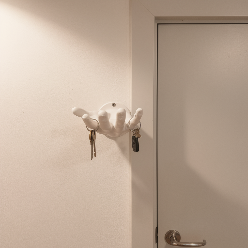 The Helping Hand key holder — in use, mounted by door
